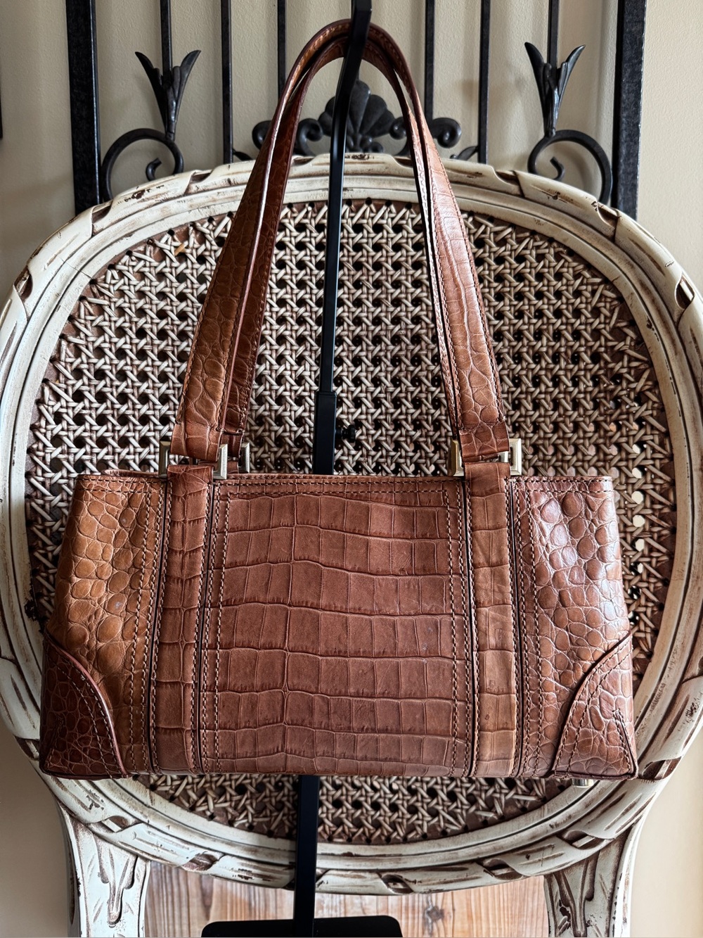 Ellen Tracy Croc-Embossed Chestnut Brown Shoulder Tote